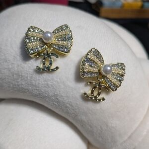 Gold Tone Pearl Bow Rhinestone Earrings